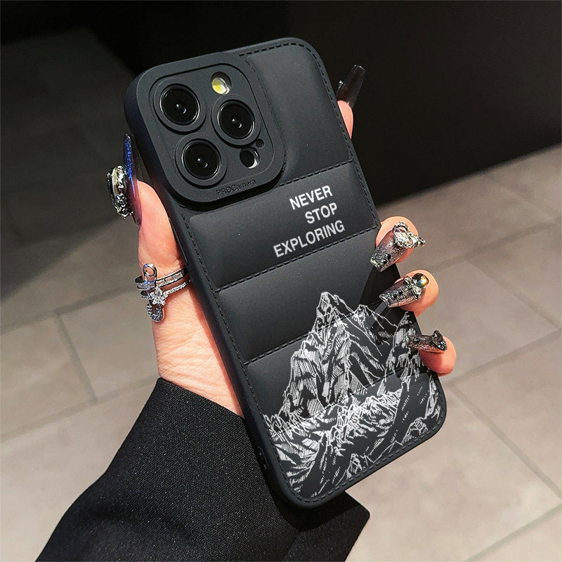 Never Stop Exploring Original Positive Design Fashion Puffer Phone Case for iPhone 16 Pro Max 16 Pro 16 Plus 15 Pro Max 15Pro 15Plus 14 Pro Max 14Plus 13 Pro Max 12 Pro Max 11 Pro Max Down Jacket Shockproof Phone Soft Case So