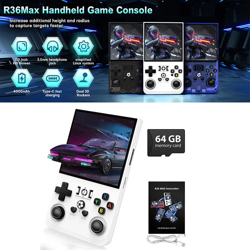 Retro Handheld Game Console Linux System 4.0 Inch IPS Screen Open Source R36MAX Portable Video Player Kids Gift