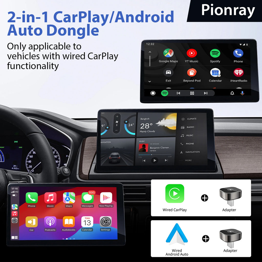New Pionray 2 in 1 Wireless CarPlay Adapter&Android Auto Wireless Adapter, 5Ghz WiFi Type-C/USB Plug Play CarPlay Wireless