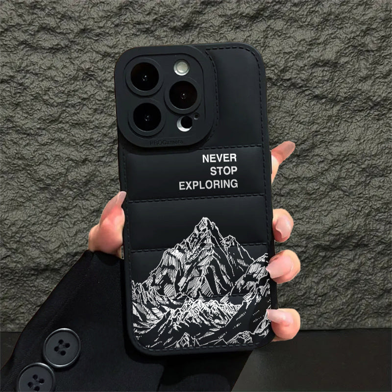 Never Stop Exploring Original Positive Design Fashion Puffer Phone Case for iPhone 16 Pro Max 16 Pro 16 Plus 15 Pro Max 15Pro 15Plus 14 Pro Max 14Plus 13 Pro Max 12 Pro Max 11 Pro Max Down Jacket Shockproof Phone Soft Case So