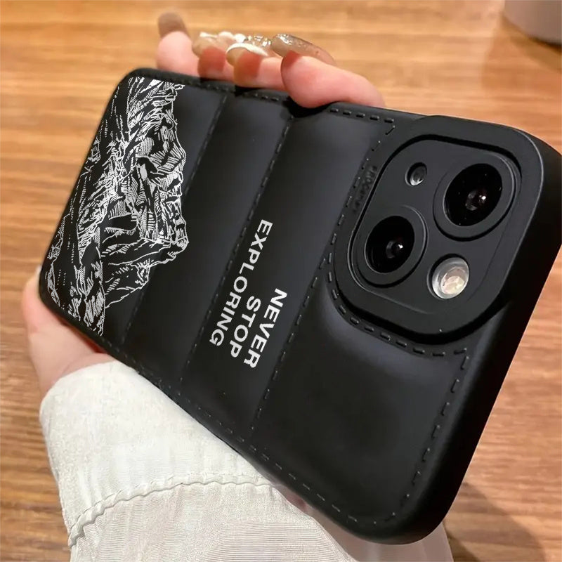 Never Stop Exploring Original Positive Design Fashion Puffer Phone Case for iPhone 16 Pro Max 16 Pro 16 Plus 15 Pro Max 15Pro 15Plus 14 Pro Max 14Plus 13 Pro Max 12 Pro Max 11 Pro Max Down Jacket Shockproof Phone Soft Case So